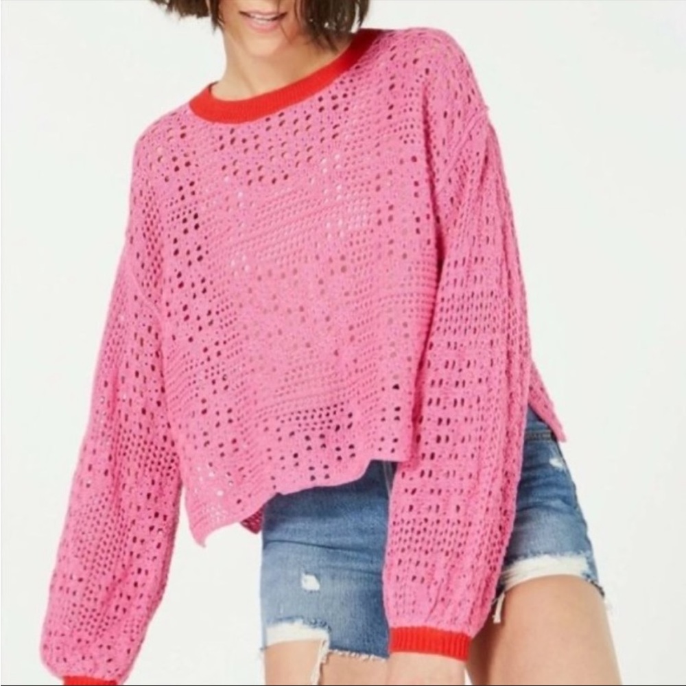 Free People / Home Run Crop Pink Red Crochet Sweater